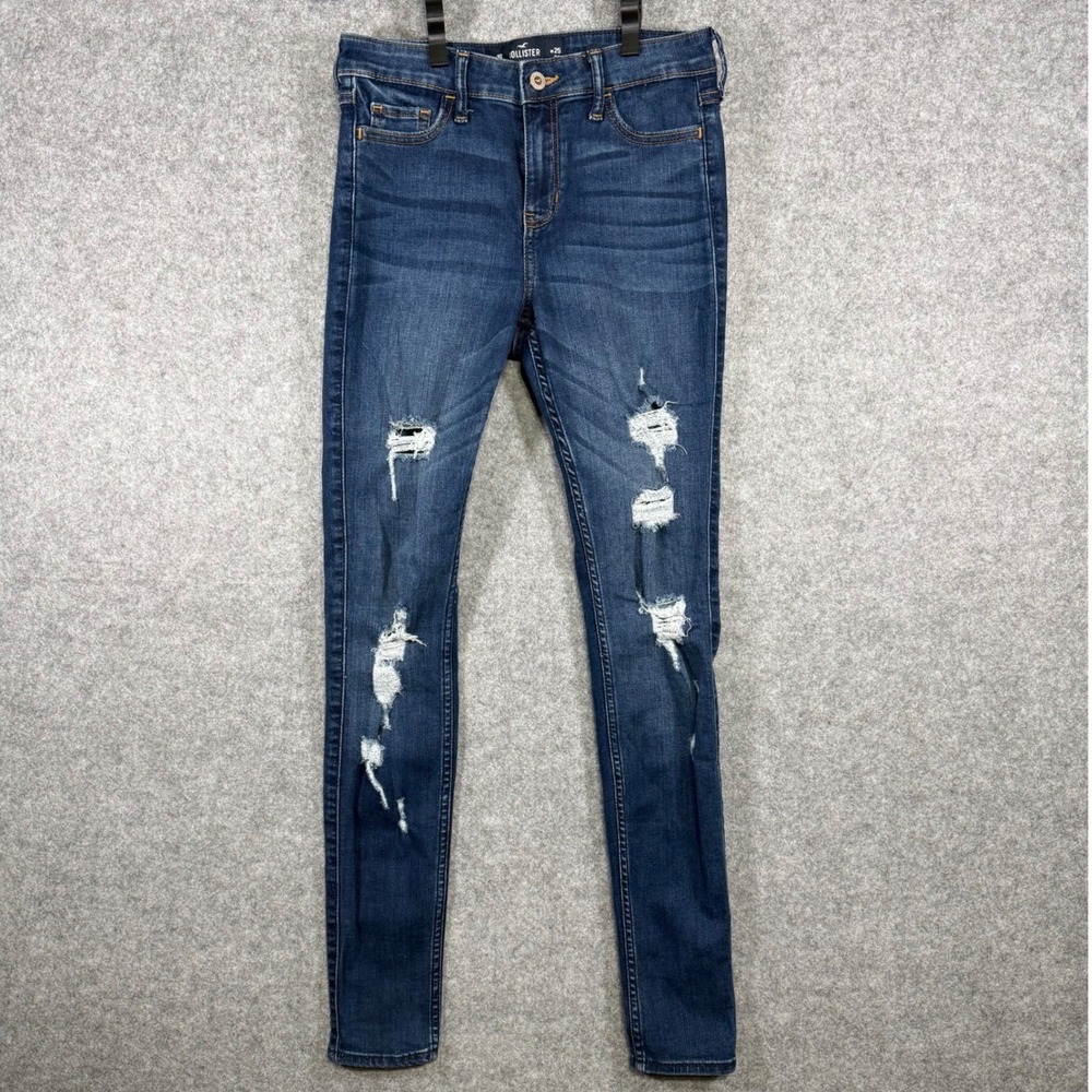 Hollister Super Skinny Jeans Womens 1R W25 Dark Wash Distressed Ripped Mid Rise‎